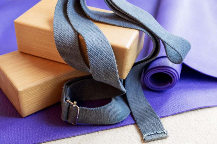 block, strap and mat for yoga